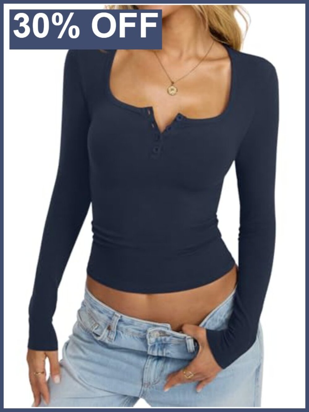 Cotton Long Sleeve Henley Shirt Slim Fit Button Down Square Neck Top
